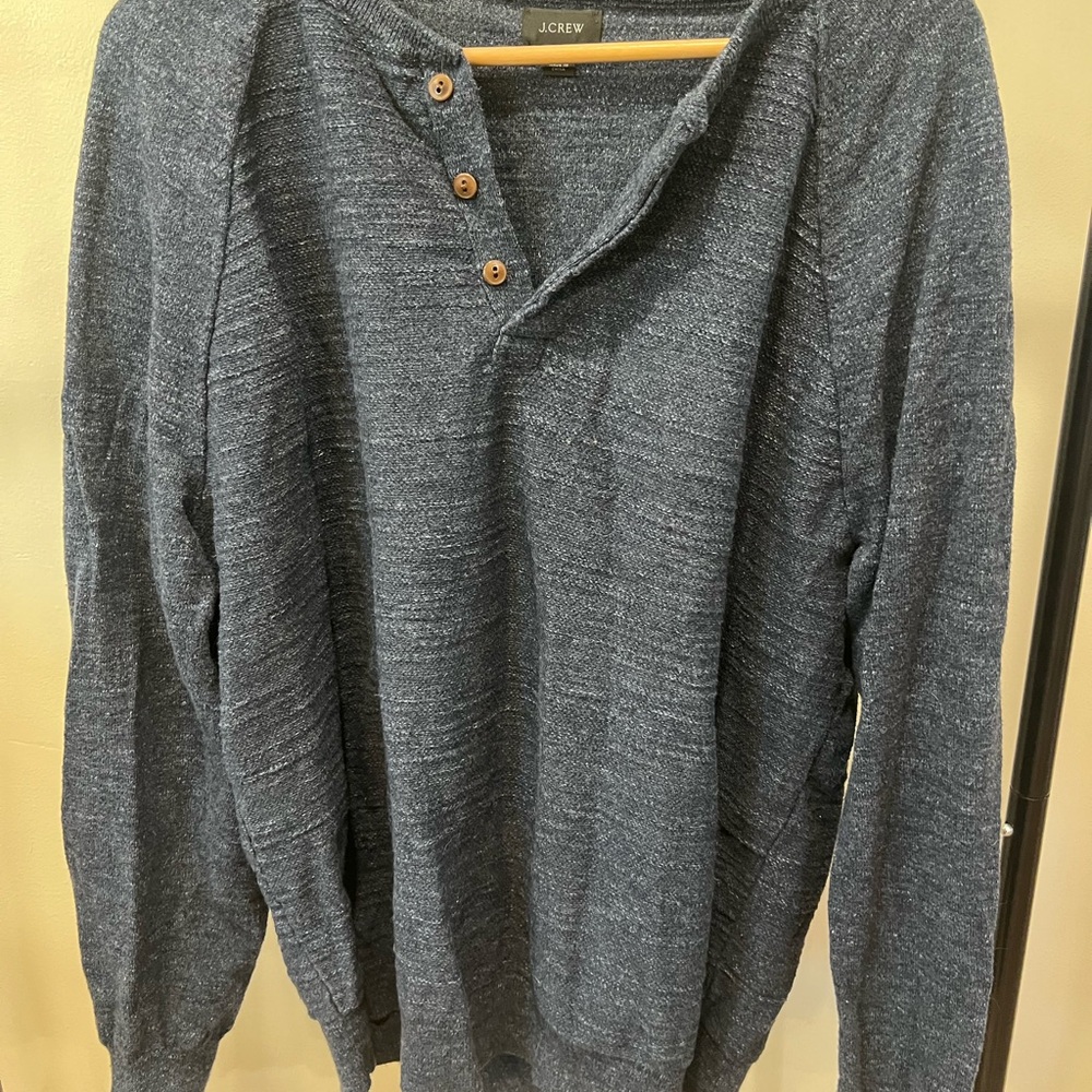 J. Crew Men's Heathered Dark Blue Crewneck Henley Sweater